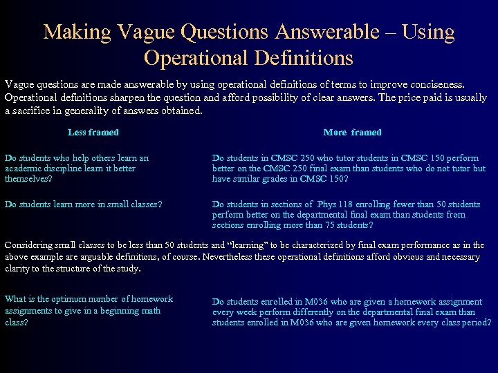 Making Vague Questions Answerable – Using Operational Definitions Vague questions are made answerable by