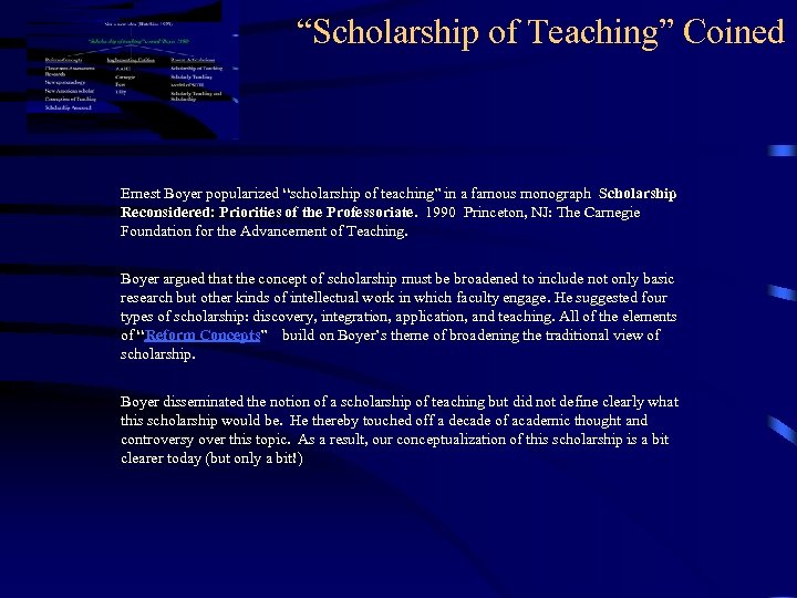 “Scholarship of Teaching” Coined Ernest Boyer popularized “scholarship of teaching” in a famous monograph