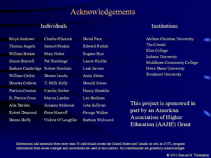 Acknowledgements Individuals Institutions Moya Andrews Charles Glassick David Pace Thomas Angelo Samuel Guskin Edward