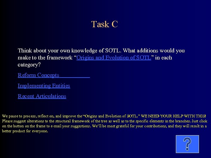 Task C Think about your own knowledge of SOTL. What additions would you make