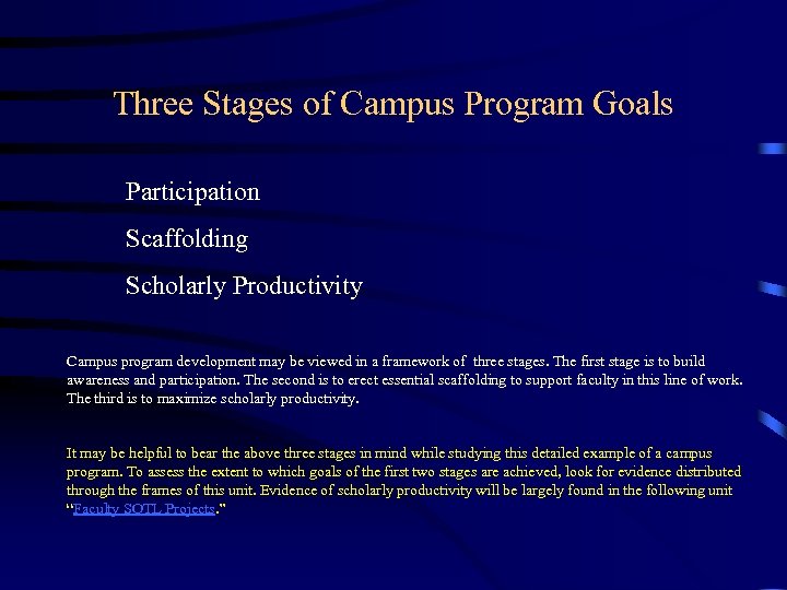 Three Stages of Campus Program Goals Participation Scaffolding Scholarly Productivity Campus program development may