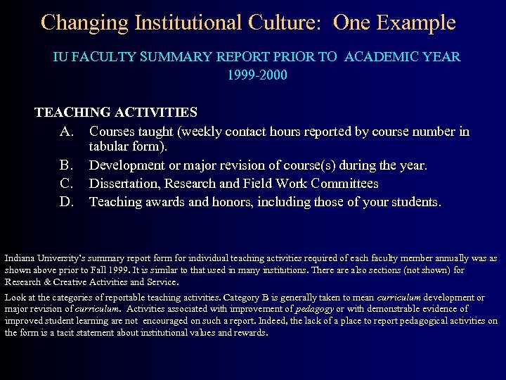 Changing Institutional Culture: One Example IU FACULTY SUMMARY REPORT PRIOR TO ACADEMIC YEAR 1999