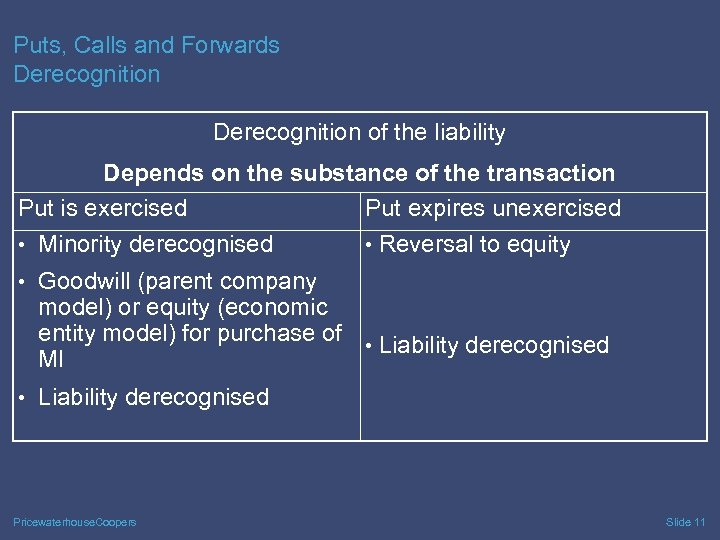 Puts, Calls and Forwards Derecognition of the liability Depends on the substance of the