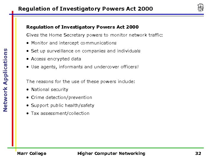 Regulation of Investigatory Powers Act 2000 Gives the Home Secretary powers to monitor network