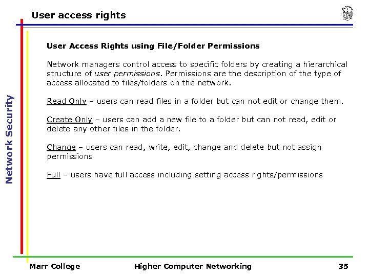 User access rights User Access Rights using File/Folder Permissions Network Security Network managers control