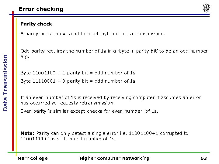 Error checking Parity check Data Transmission A parity bit is an extra bit for