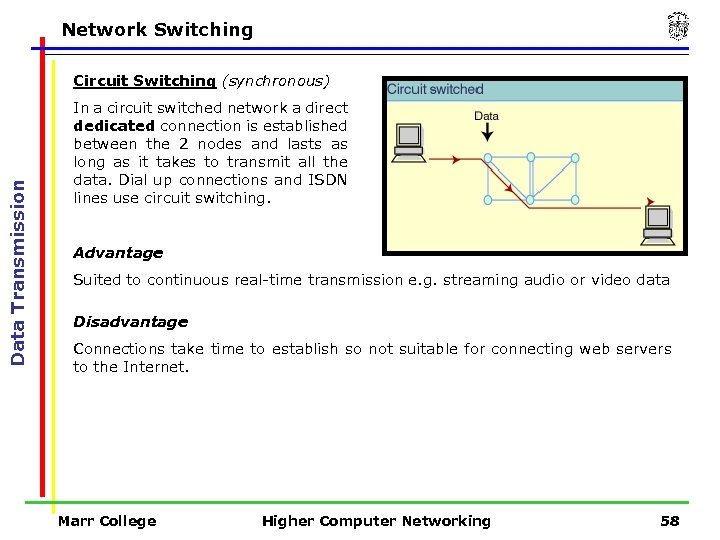 Network Switching Data Transmission Circuit Switching (synchronous) In a circuit switched network a direct