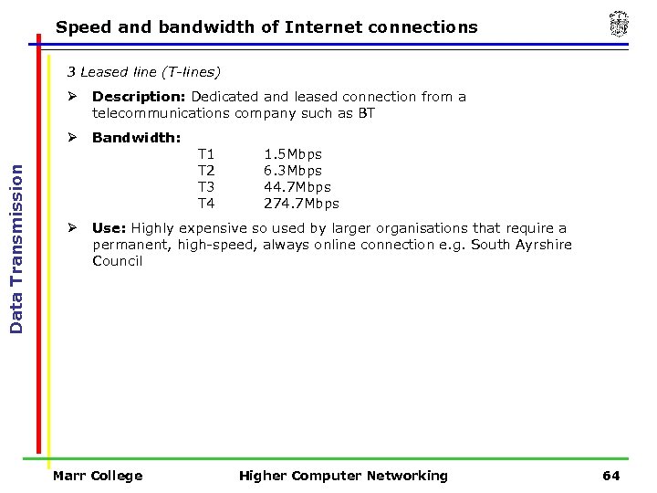 Speed and bandwidth of Internet connections 3 Leased line (T-lines) Description: Dedicated and leased