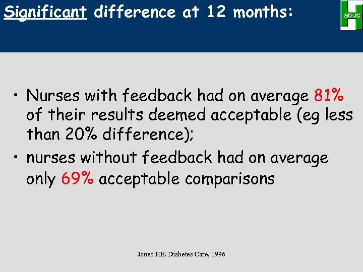 Significant difference at 12 months: • Nurses with feedback had on average 81% of