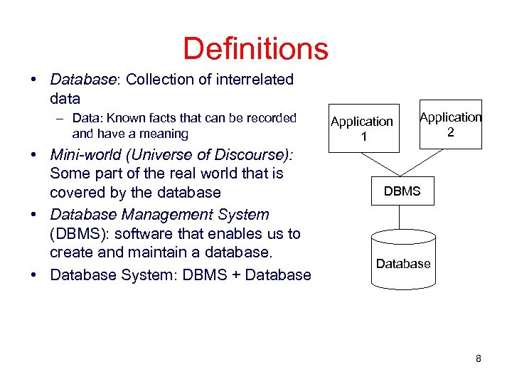 Definitions • Database: Collection of interrelated data – Data: Known facts that can be