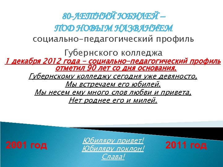 80 -ЛЕТНИЙ ЮБИЛЕЙ – ПОД НОВЫМ НАЗВАНИЕМ социально-педагогический профиль Губернского колледжа 1 декабря 2012