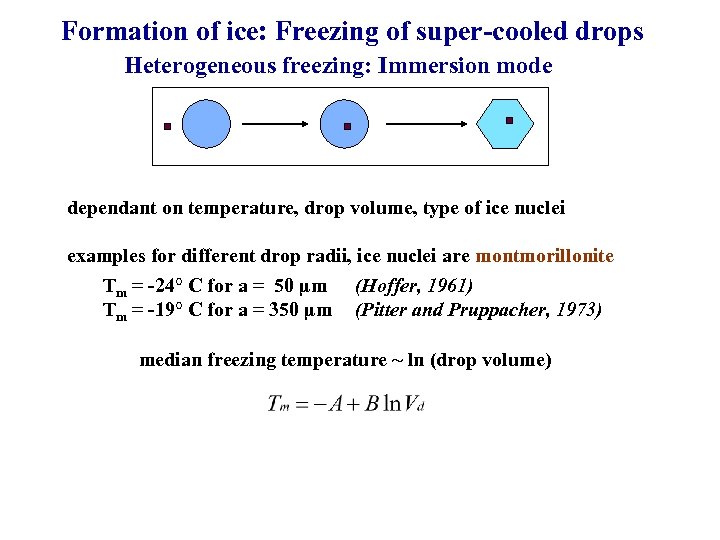 Formation of ice: Freezing of super-cooled drops Heterogeneous freezing: Immersion mode dependant on temperature,