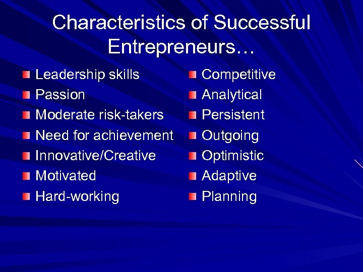 Characteristics of Successful Entrepreneurs… Leadership skills Passion Moderate risk-takers Need for achievement Innovative/Creative Motivated