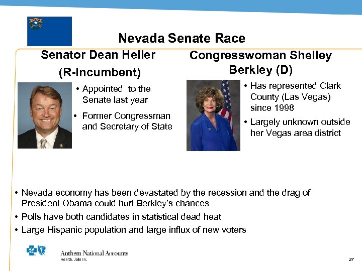 Nevada Senate Race Senator Dean Heller (R-Incumbent) • Appointed to the Senate last year