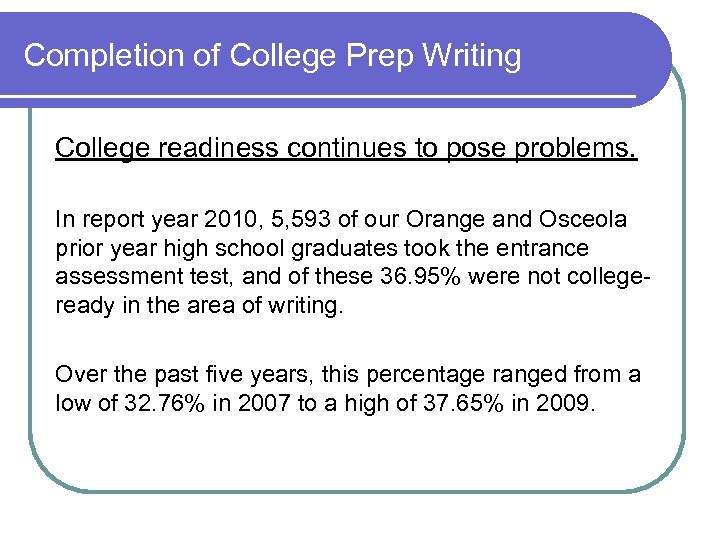 Completion of College Prep Writing College readiness continues to pose problems. In report year