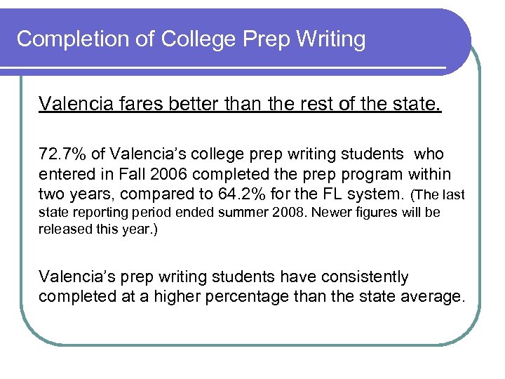 Completion of College Prep Writing Valencia fares better than the rest of the state.