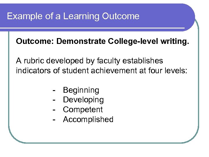 Example of a Learning Outcome: Demonstrate College-level writing. A rubric developed by faculty establishes