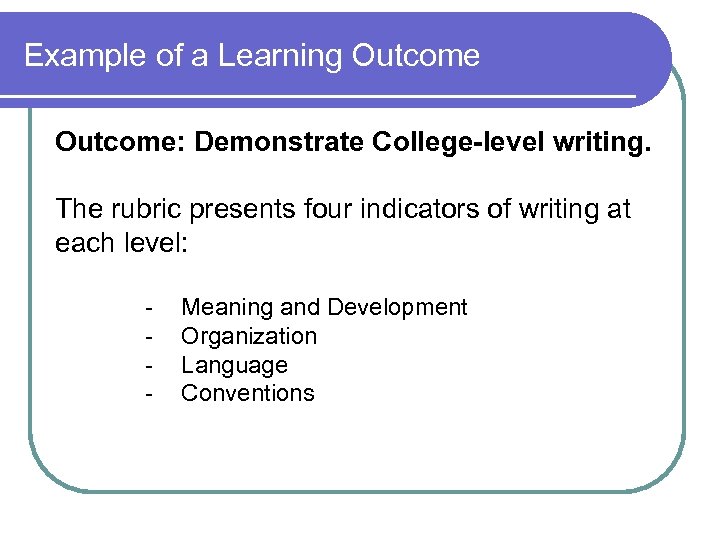 Example of a Learning Outcome: Demonstrate College-level writing. The rubric presents four indicators of