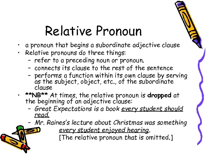 Relative Pronoun • a pronoun that begins a subordinate adjective clause • Relative pronouns