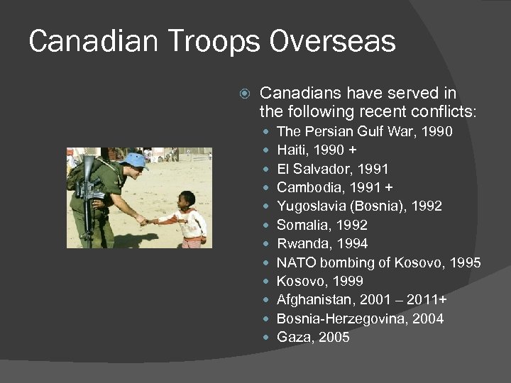 Canadian Troops Overseas Canadians have served in the following recent conflicts: The Persian Gulf
