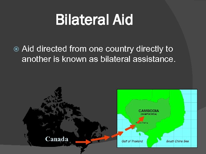 Bilateral Aid directed from one country directly to another is known as bilateral assistance.