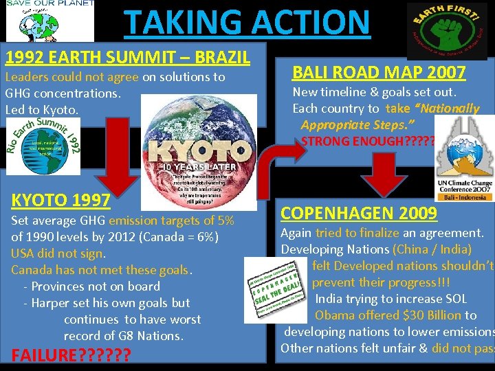 TAKING ACTION 1992 EARTH SUMMIT – BRAZIL Leaders could not agree on solutions to
