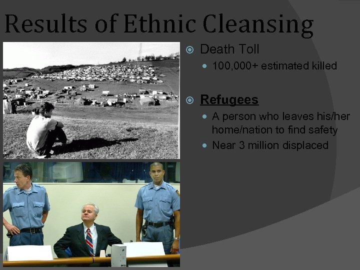Results of Ethnic Cleansing Death Toll 100, 000+ estimated killed Refugees A person who