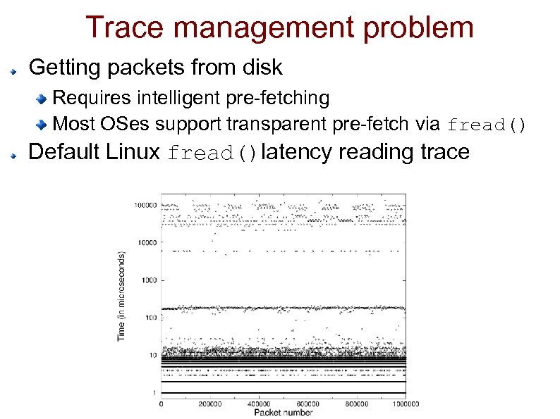 Trace management problem Getting packets from disk Requires intelligent pre-fetching Most OSes support transparent
