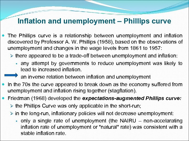 Inflation and unemployment – Phillips curve The Phillips curve is a relationship between unemployment