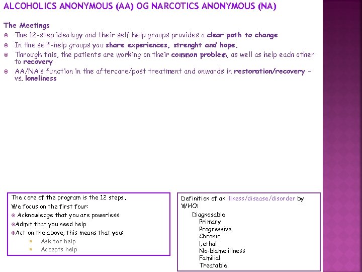 ALCOHOLICS ANONYMOUS (AA) OG NARCOTICS ANONYMOUS (NA) The Meetings The 12 -step ideology and