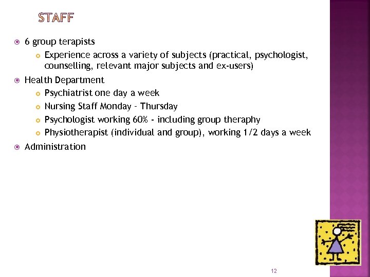  6 group terapists Experience across a variety of subjects (practical, psychologist, counselling, relevant