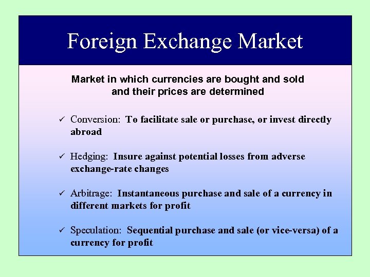 Foreign Exchange Market in which currencies are bought and sold and their prices are
