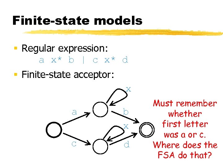 Finite-state models § Regular expression: a x* b | c x* d § Finite-state