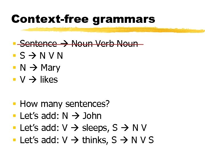 Context-free grammars § § Sentence Noun Verb Noun S NVN N Mary V likes