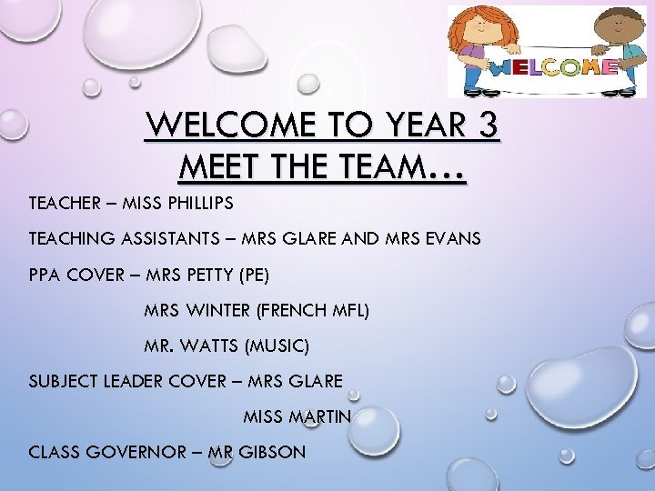 WELCOME TO YEAR 3 MEET THE TEAM… TEACHER – MISS PHILLIPS TEACHING ASSISTANTS –