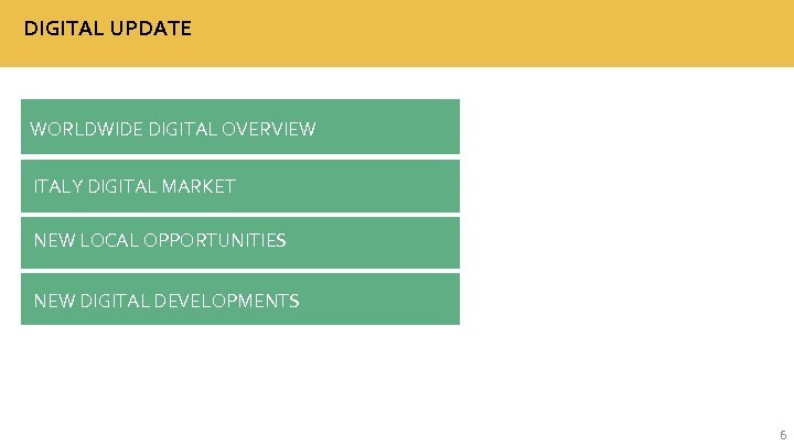 DIGITAL UPDATE WORLDWIDE DIGITAL OVERVIEW ITALY DIGITAL MARKET NEW LOCAL OPPORTUNITIES NEW DIGITAL DEVELOPMENTS