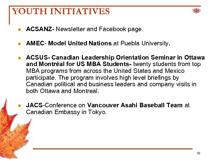 YOUTH INITIATIVES n ACSANZ- Newsletter and Facebook page. n AMEC- Model United Nations at
