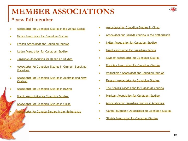 MEMBER ASSOCIATIONS * new full member n Association for Canadian Studies in the United