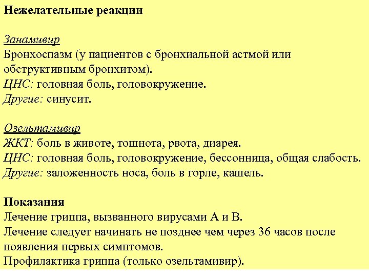 Нежелательные реакции Занамивир Бронхоспазм (у пациентов с бронхиальной астмой или обструктивным бронхитом). ЦНС: головная