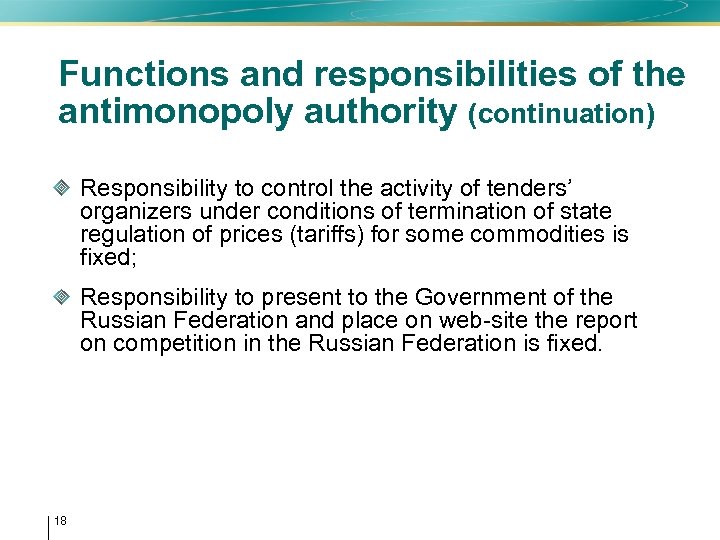 Functions and responsibilities of the antimonopoly authority (continuation) Responsibility to control the activity of
