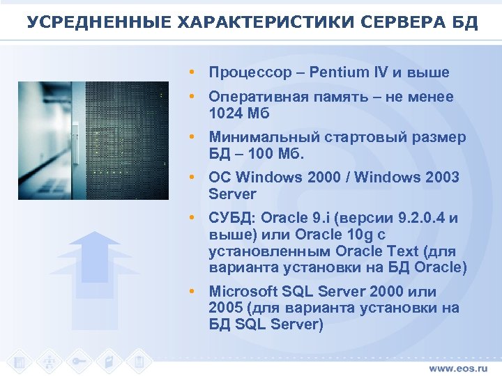 УСРЕДНЕННЫЕ ХАРАКТЕРИСТИКИ СЕРВЕРА БД • Процессор – Pentium IV и выше • Оперативная память