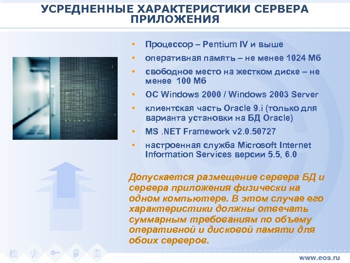 УСРЕДНЕННЫЕ ХАРАКТЕРИСТИКИ СЕРВЕРА ПРИЛОЖЕНИЯ • Процессор – Pentium IV и выше • оперативная память