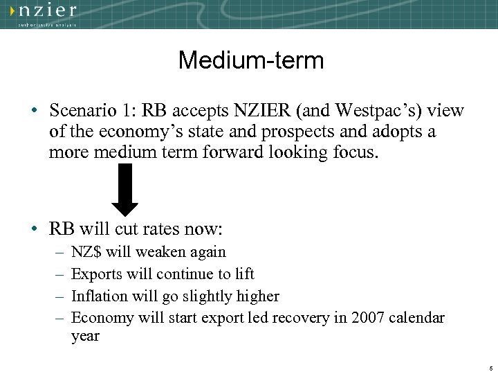 Medium-term • Scenario 1: RB accepts NZIER (and Westpac’s) view of the economy’s state