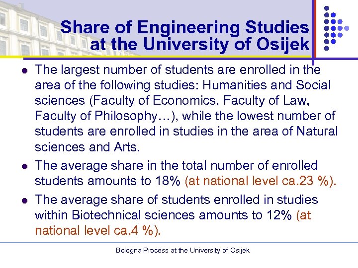 Share of Engineering Studies at the University of Osijek l l l The largest