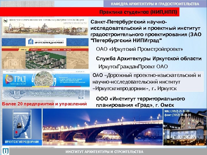 КАФЕДРА АРХИТЕКТУРЫ И ГРАДОСТРОИТЕЛЬСТВА Практика студентов (НИП, НПП) Санкт-Петеpбуpгский научноисследовательский и проектный институт градостроительного