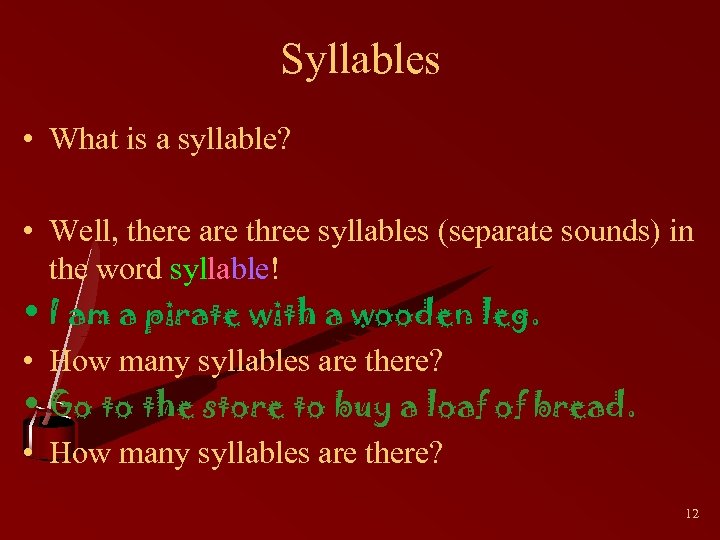 Syllables • What is a syllable? • Well, there are three syllables (separate sounds)