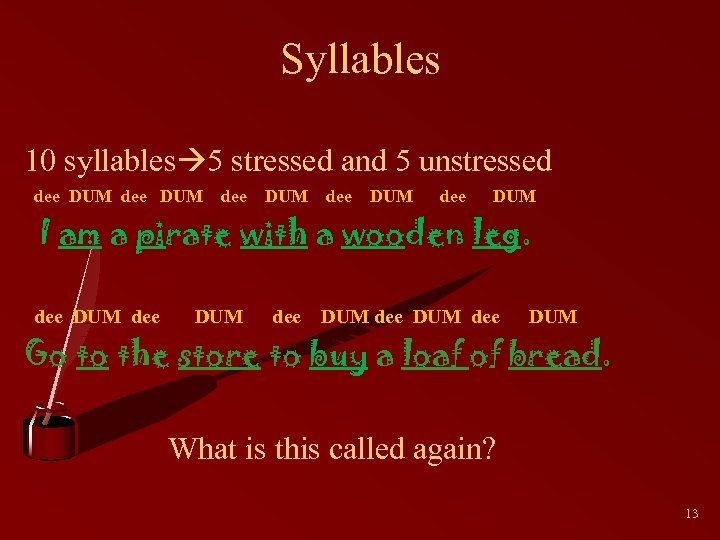 Syllables 10 syllables 5 stressed and 5 unstressed dee DUM dee DUM dee DUM