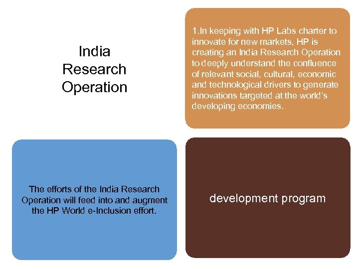 India Research Operation 1. In keeping with HP Labs charter to innovate for new