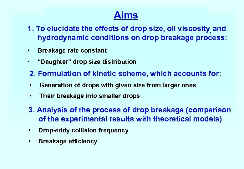 Aims 1. To elucidate the effects of drop size, oil viscosity, and hydrodynamic conditions