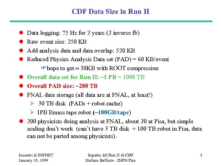 CDF Data Size in Run II l l l l Data logging: 75 Hz